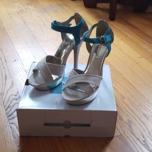 Cream and Blue strapped heels